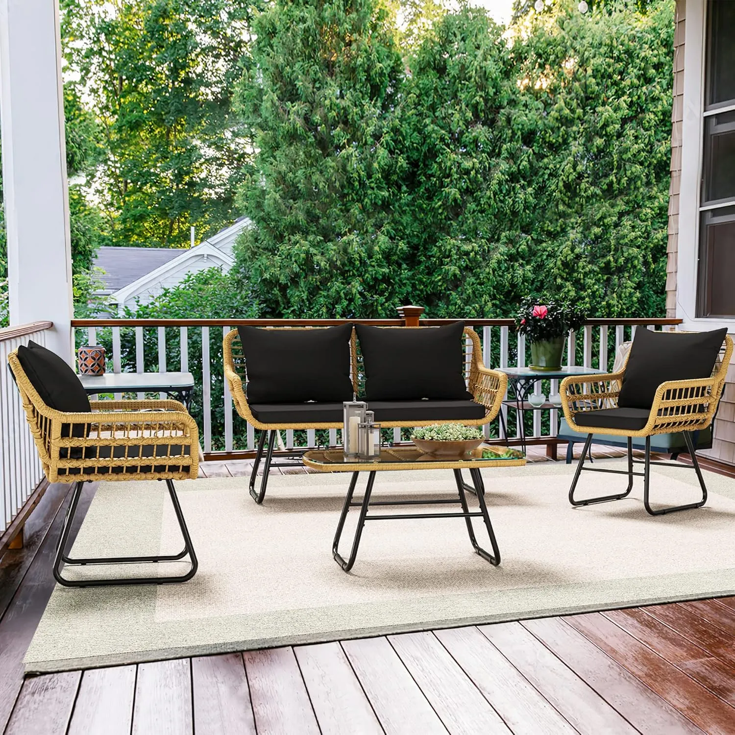YITAHOME 4-Piece Patio Furniture Wicker Outdoor Bistro Set, All-Weather Rattan Conversation Loveseat Chairs for Backyard, Balcony and Deck with Soft Cushions and Metal Table (Light Brown Black)