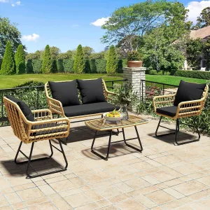 YITAHOME 4-Piece Patio Furniture Wicker Outdoor Bistro Set, All-Weather Rattan Conversation Loveseat Chairs for Backyard, Balcony and Deck with Soft Cushions and Metal Table (Light Brown Black)