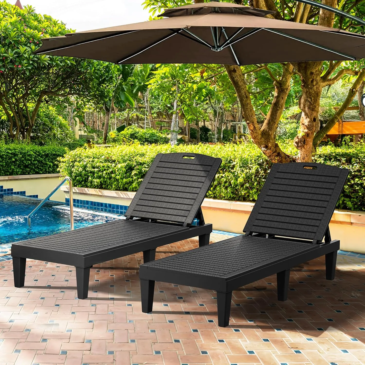 YITAHOME Outdoor Chaise Lounge Chair, Plastic Pool Chaise Lounge with 5-Position Backrest, Easy Assembly & Waterproof for Patio & Poolside, Set of 2, Black
