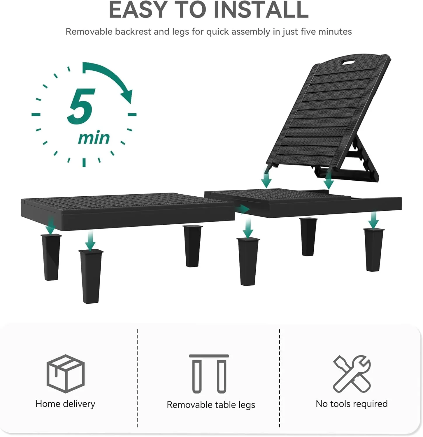 YITAHOME Outdoor Chaise Lounge Chair, Plastic Pool Chaise Lounge with 5-Position Backrest, Easy Assembly & Waterproof for Patio & Poolside, Set of 2, Black