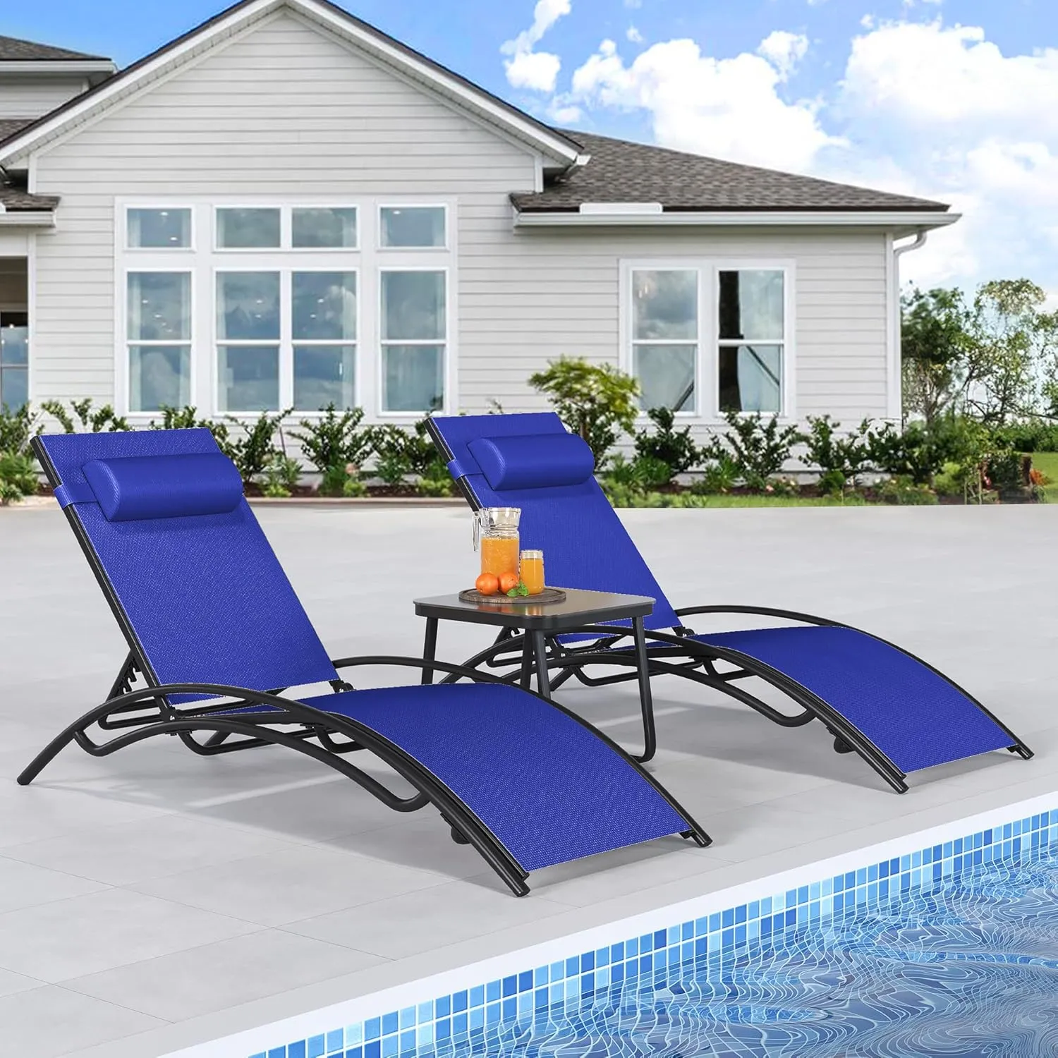 YITAHOME Outdoor Chaise Lounge Chair Set of 3, Pool Lounge Chairs with Side Table & 5-Position Adjustable Backrest, Sunbathing Recliner for Poolside, Backyard, Lawn, Deck - Navy