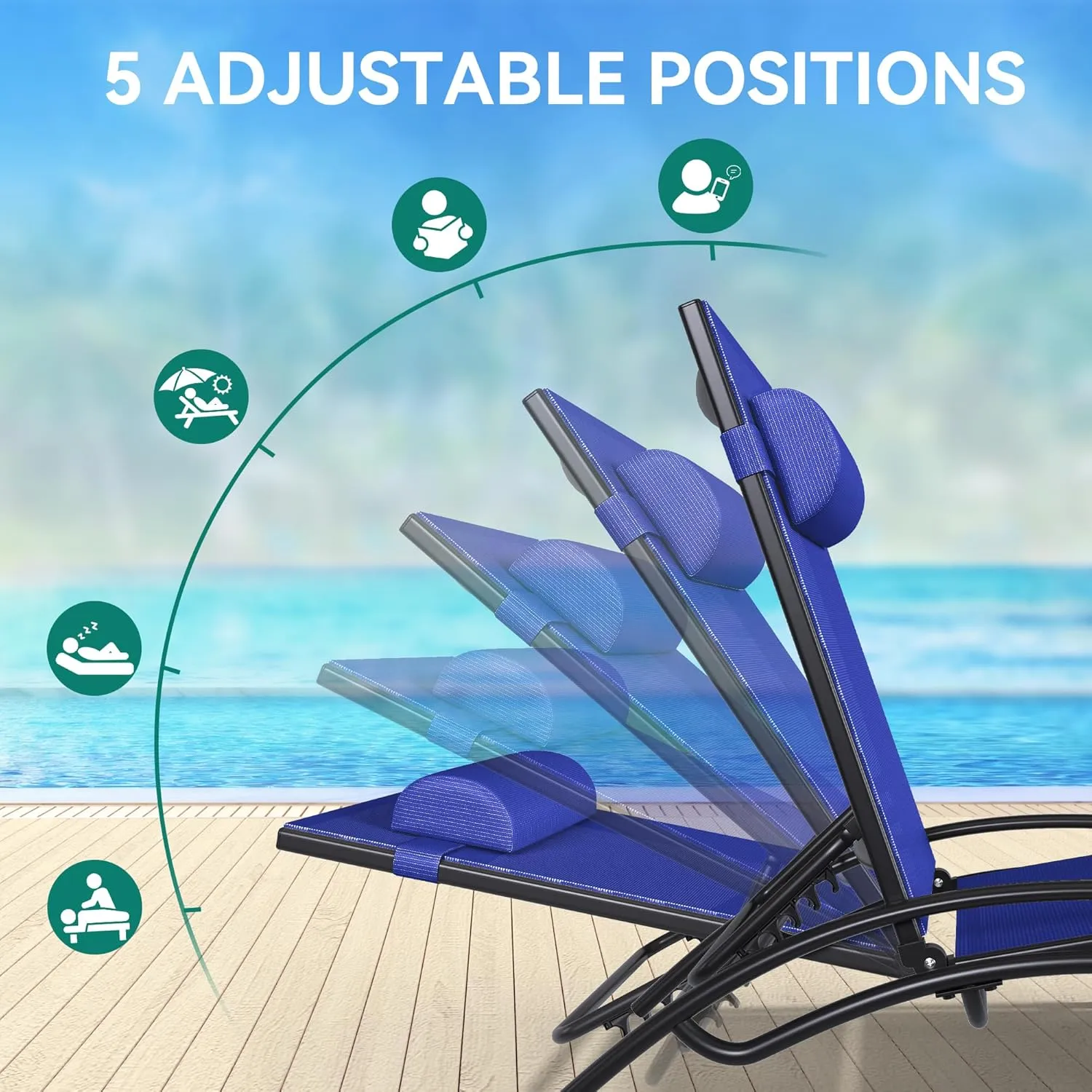 YITAHOME Outdoor Chaise Lounge Chair Set of 3, Pool Lounge Chairs with Side Table & 5-Position Adjustable Backrest, Sunbathing Recliner for Poolside, Backyard, Lawn, Deck - Navy