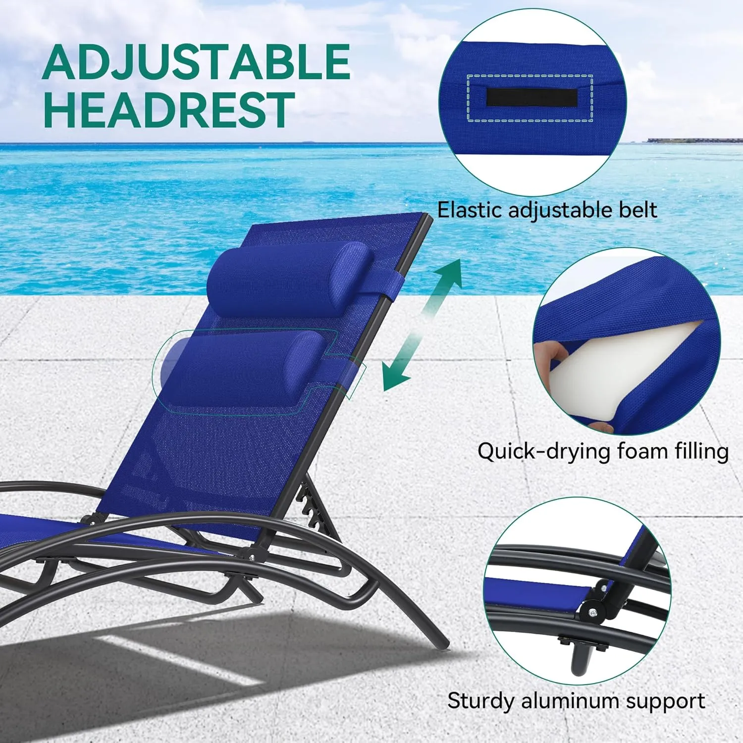 YITAHOME Outdoor Chaise Lounge Chair Set of 3, Pool Lounge Chairs with Side Table & 5-Position Adjustable Backrest, Sunbathing Recliner for Poolside, Backyard, Lawn, Deck - Navy