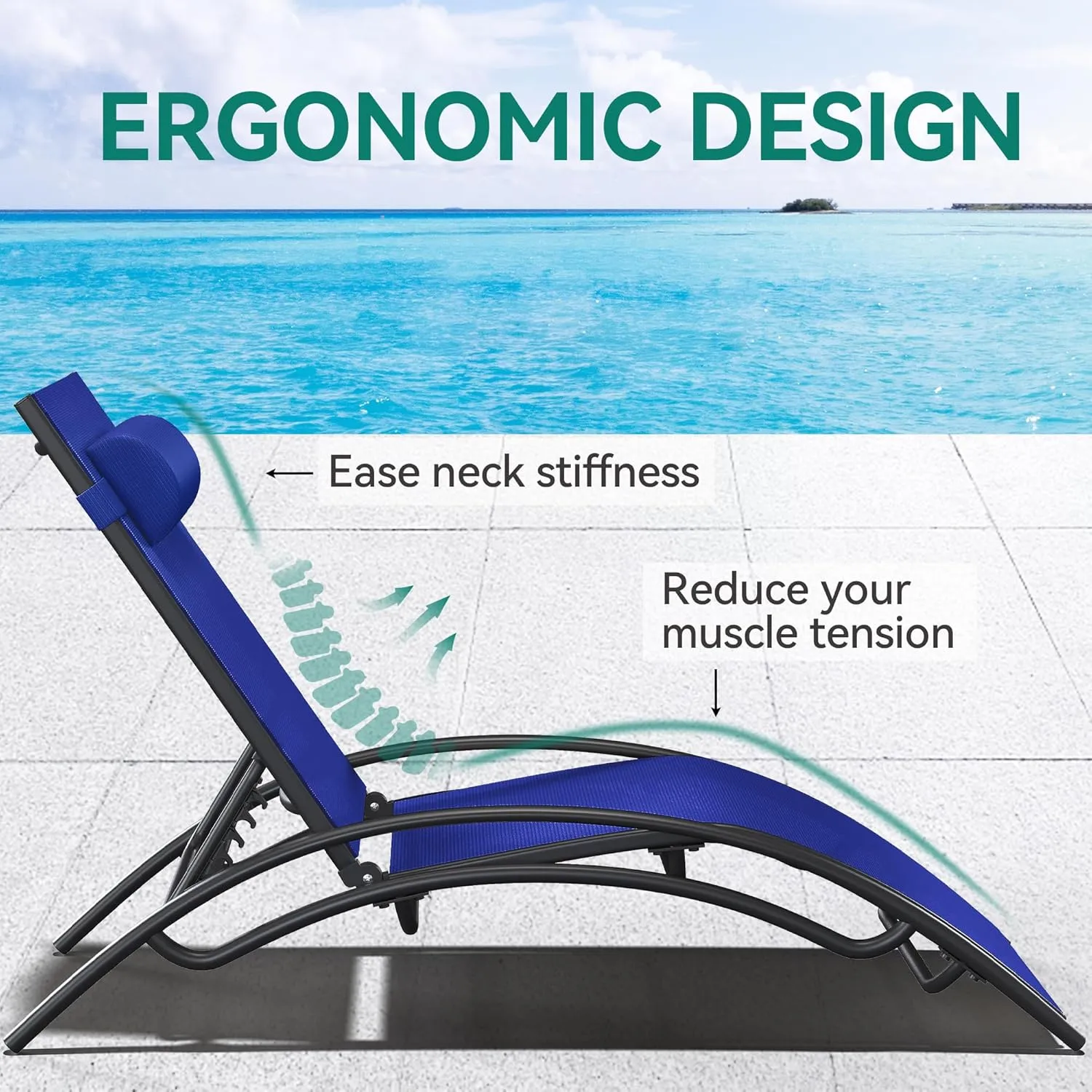 YITAHOME Outdoor Chaise Lounge Chair Set of 3, Pool Lounge Chairs with Side Table & 5-Position Adjustable Backrest, Sunbathing Recliner for Poolside, Backyard, Lawn, Deck - Navy