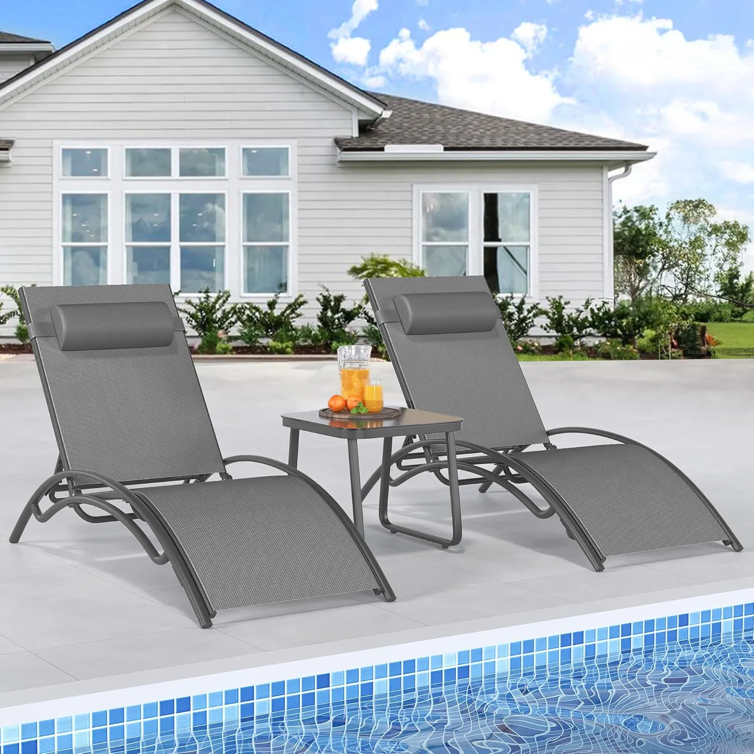 YITAHOME Outdoor Chaise Lounge Chair Set of 6, Pool Lounge Chairs with Side Table & 5-Position Adjustable Backrest, Sunbathing Recliner for Poolside, Backyard, Lawn, Deck - Grey