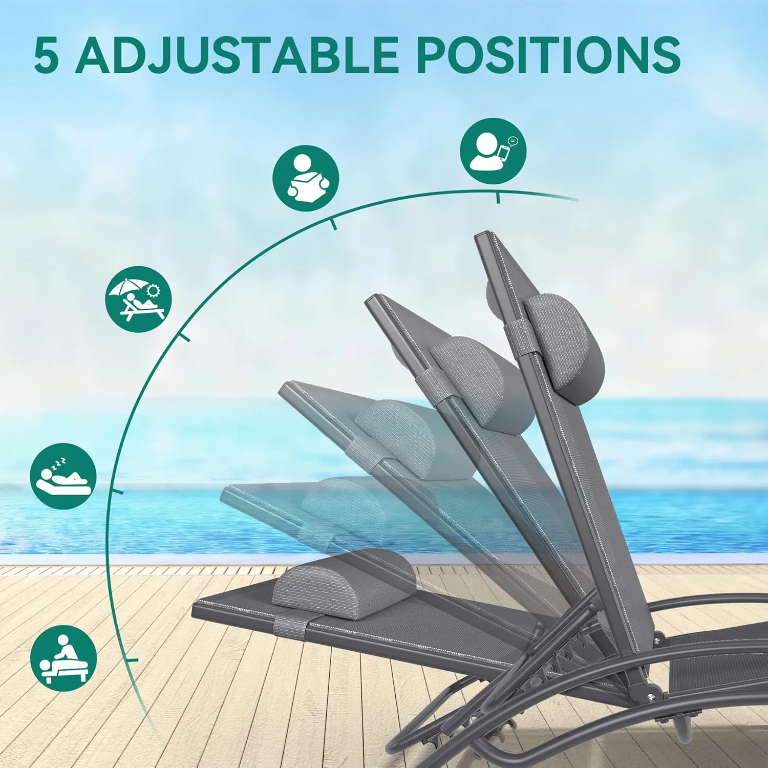 YITAHOME Outdoor Chaise Lounge Chair Set of 6, Pool Lounge Chairs with Side Table & 5-Position Adjustable Backrest, Sunbathing Recliner for Poolside, Backyard, Lawn, Deck - Grey