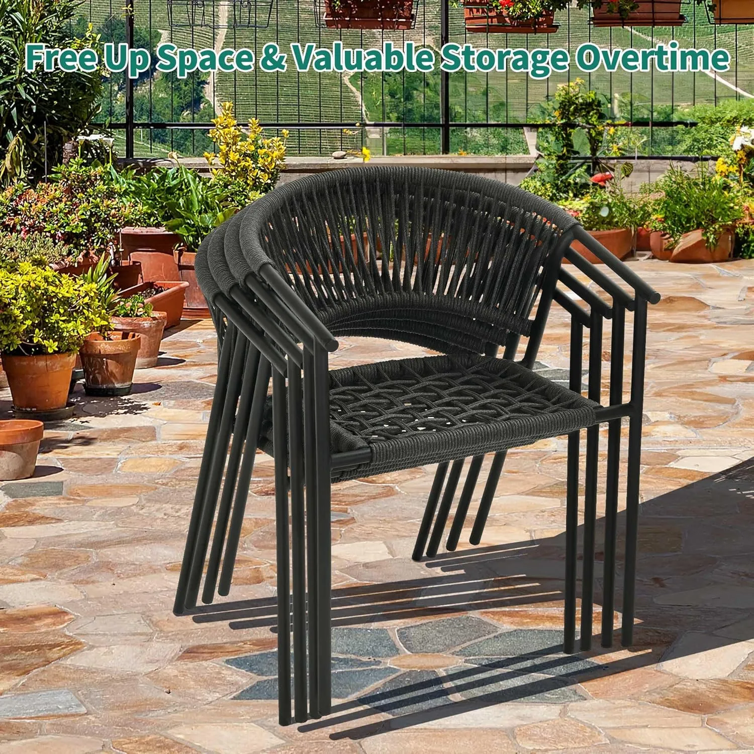 YITAHOME Outdoor Dining Chair Set of 6, Rope Woven Design Stackable Chairs, Indoor-Outdoor Armchair Seating for Patio, Backyard, Poolside, Balcony - Grey