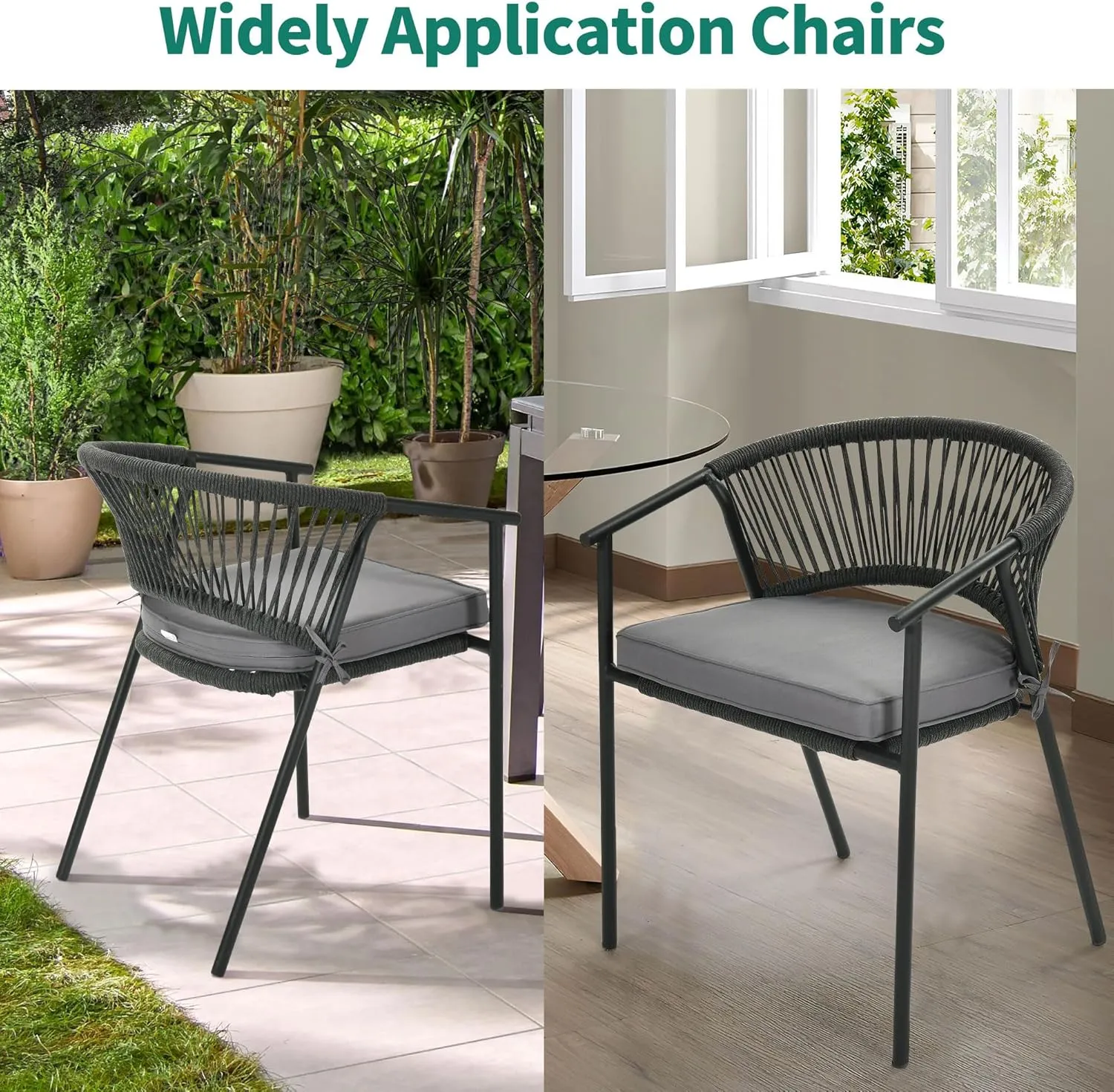 YITAHOME Outdoor Dining Chair Set of 6, Rope Woven Design Stackable Chairs, Indoor-Outdoor Armchair Seating for Patio, Backyard, Poolside, Balcony - Grey