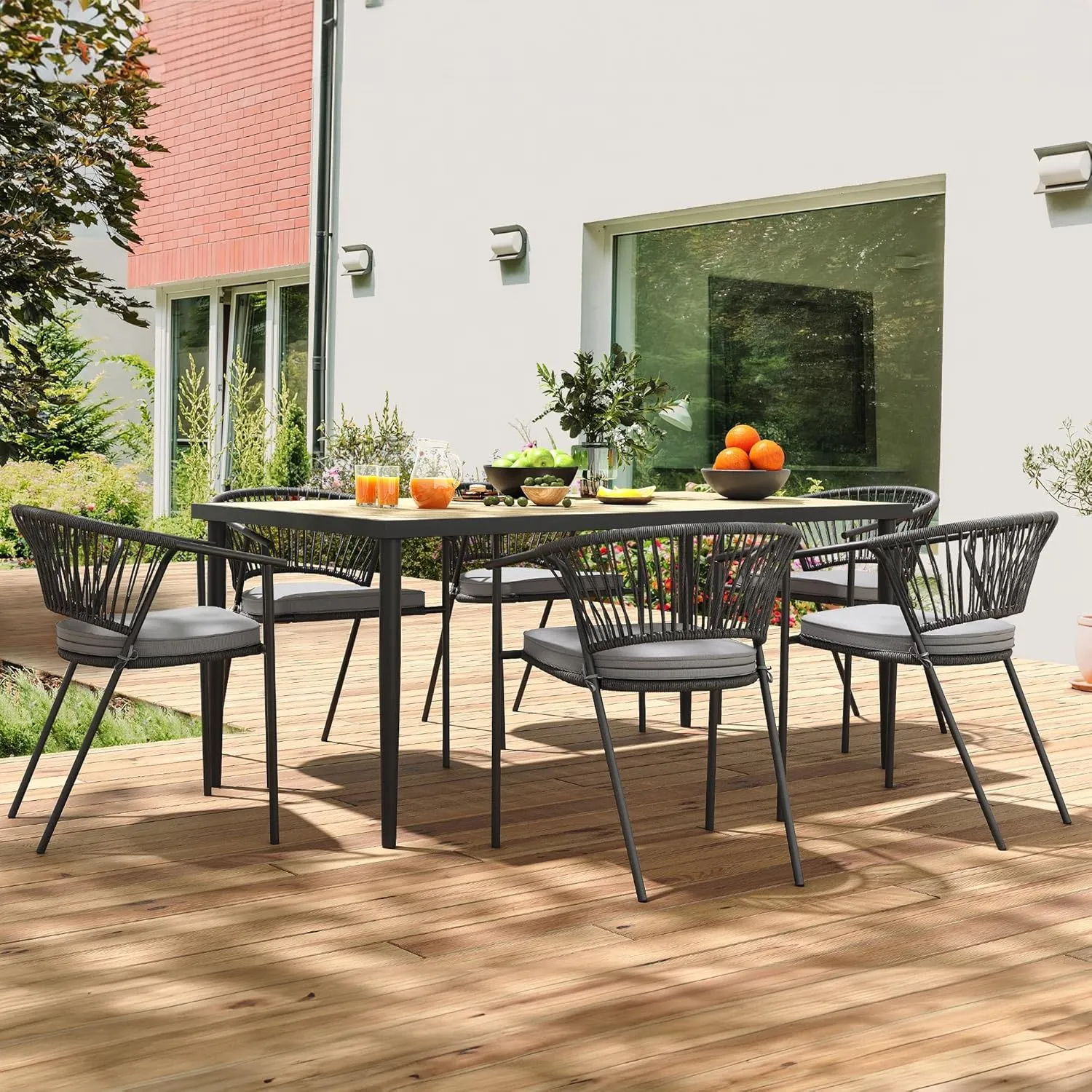 YITAHOME Outdoor Dining Chair Set of 6, Rope Woven Design Stackable Chairs, Indoor-Outdoor Armchair Seating for Patio, Backyard, Poolside, Balcony - Grey