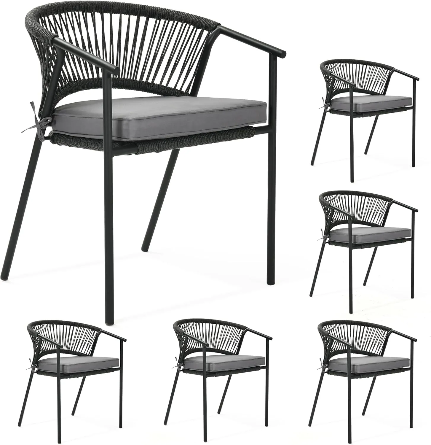 YITAHOME Outdoor Dining Chair Set of 6, Rope Woven Design Stackable Chairs, Indoor-Outdoor Armchair Seating for Patio, Backyard, Poolside, Balcony - Grey