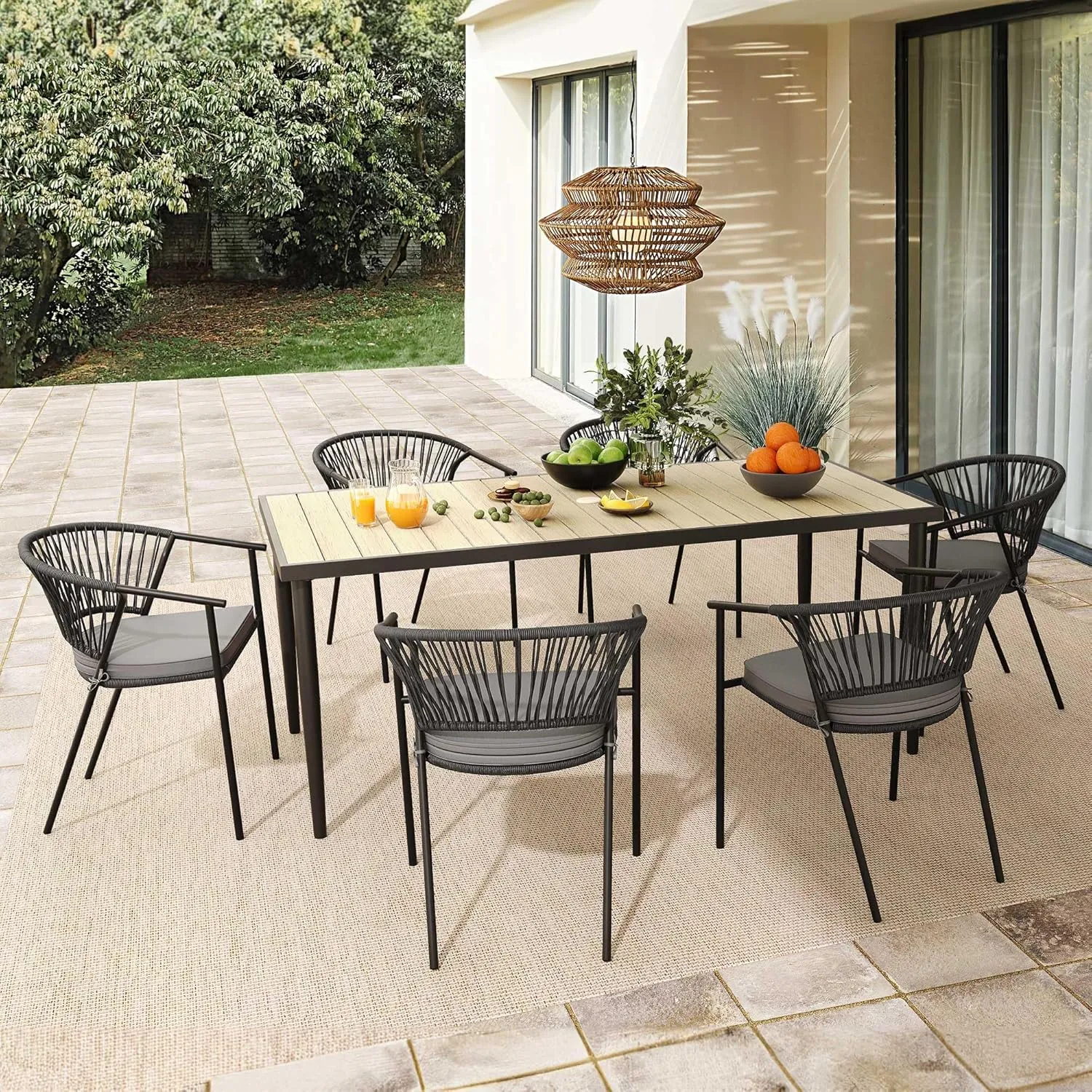 YITAHOME Outdoor Dining Chair Set of 6, Rope Woven Design Stackable Chairs, Indoor-Outdoor Armchair Seating for Patio, Backyard, Poolside, Balcony - Grey