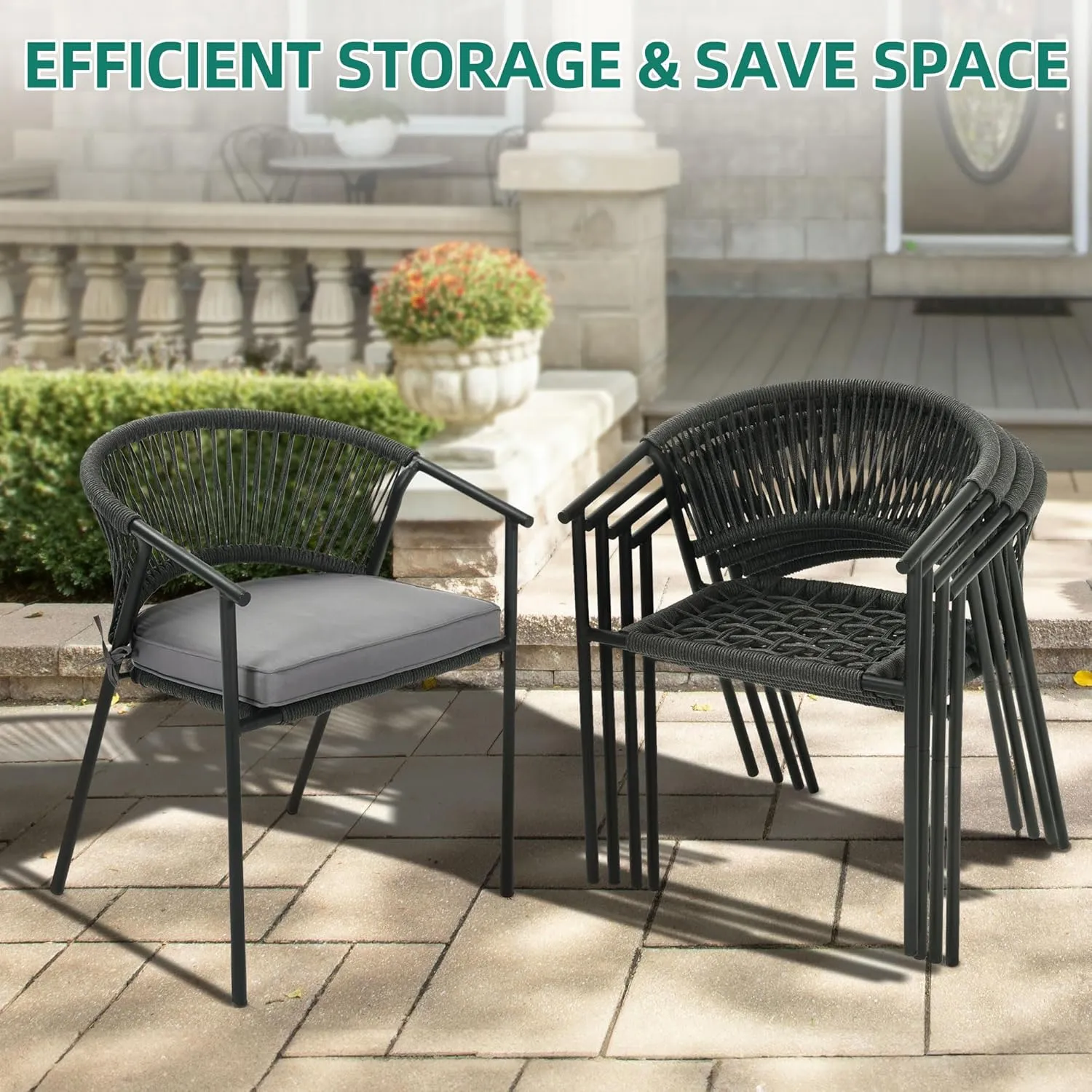 YITAHOME Outdoor Patio Chairs Set of 6, Stackable Dining Chairs Rattan Wicker Outdoor Patio Furniture Set with Cushion All Weather Bistro Chair for Garden Backyard Porch Poolside (Grey)