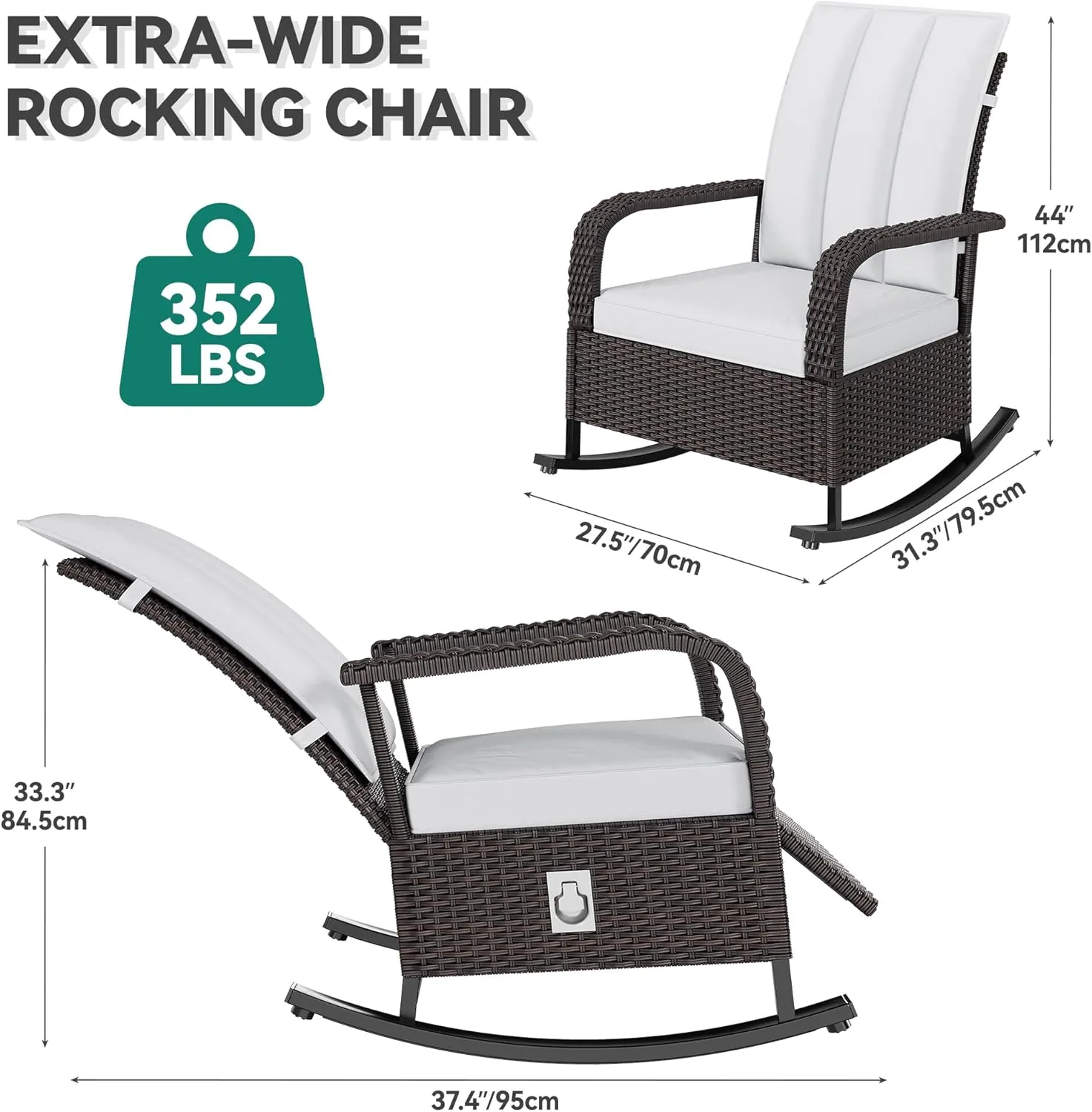YITAHOME Outdoor Rocking Chair Set of 2, Wicker Lounge Chairs with Adjustment Backrest, PE Rattan Patio Recliner Chair with Adjustable Footrest and Soft Cushions, Ideal for Garden Backyard Porch Patio