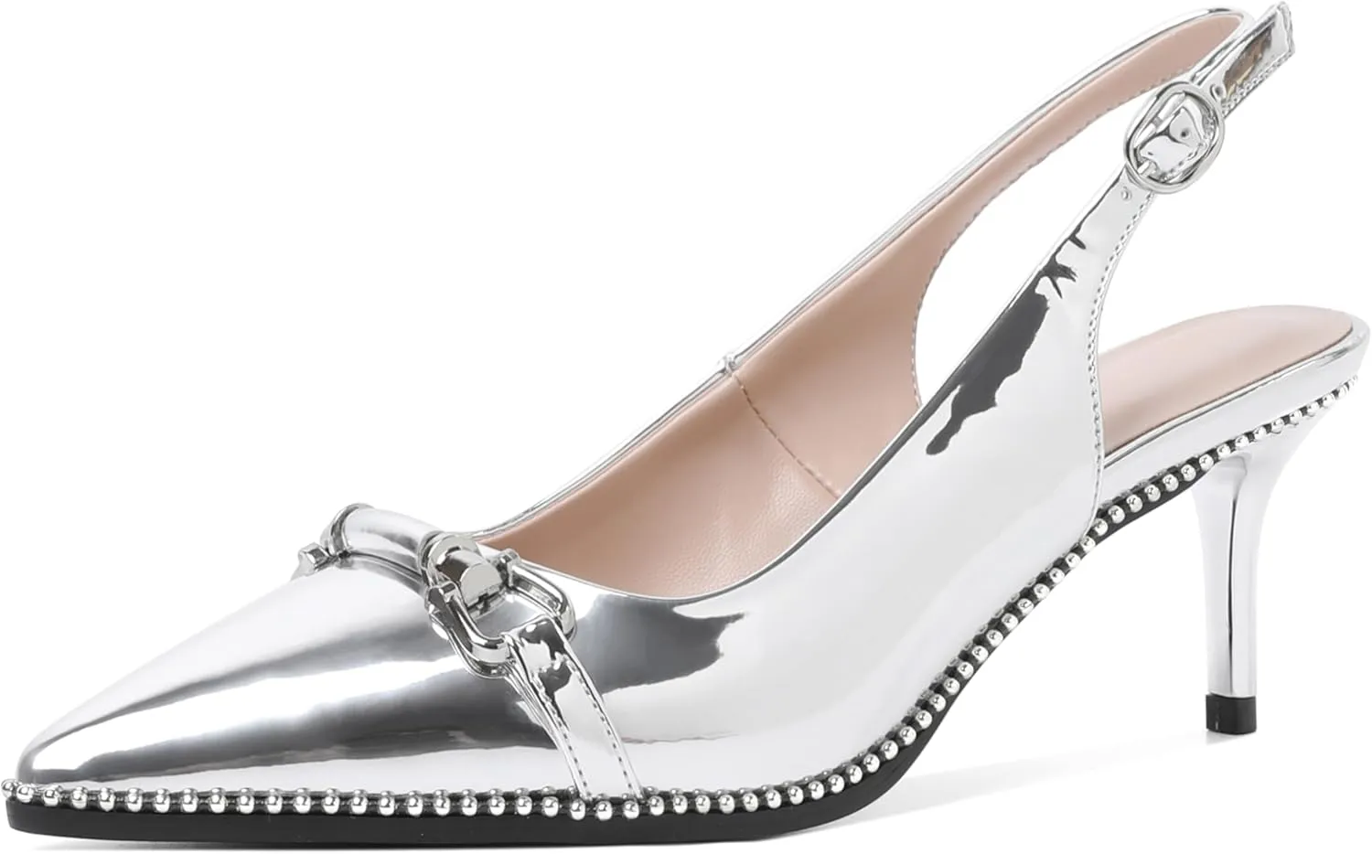 YODEKS Slingback Kitten Heels Women's Pointed Toe Low Heel Pumps 2.5 Inch Beaded Metal Buckle Shoes US Size 5-13
