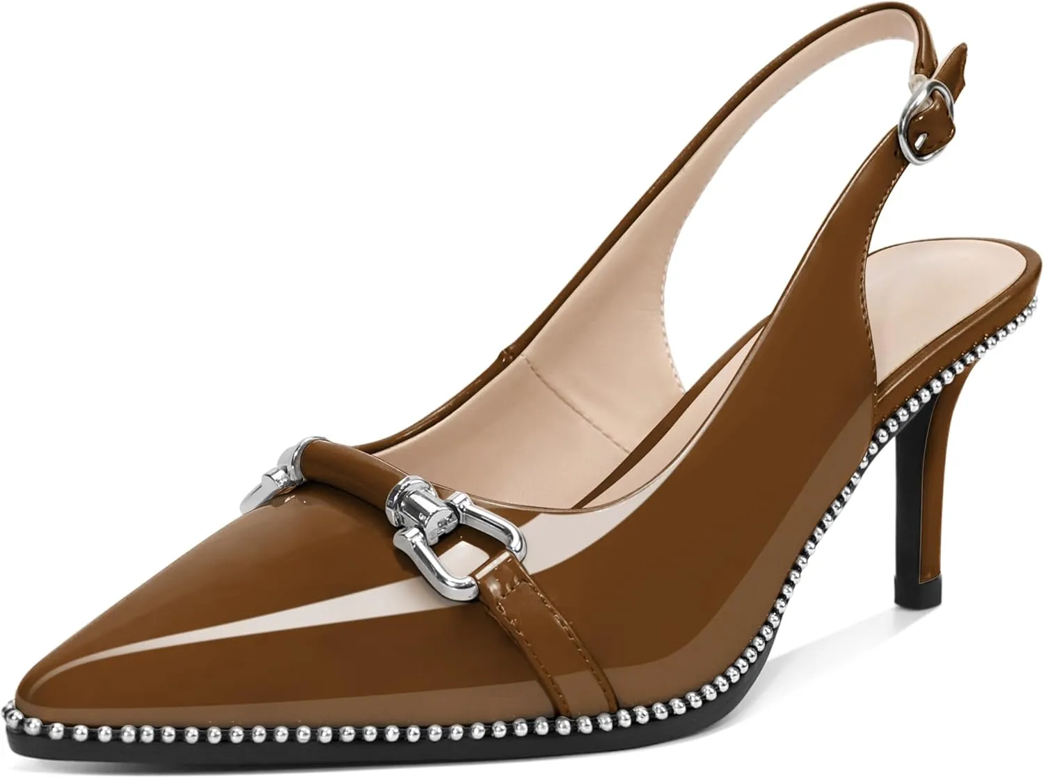YODEKS Slingback Kitten Heels Women's Pointed Toe Low Heel Pumps 2.5 Inch Beaded Metal Buckle Shoes US Size 5-13