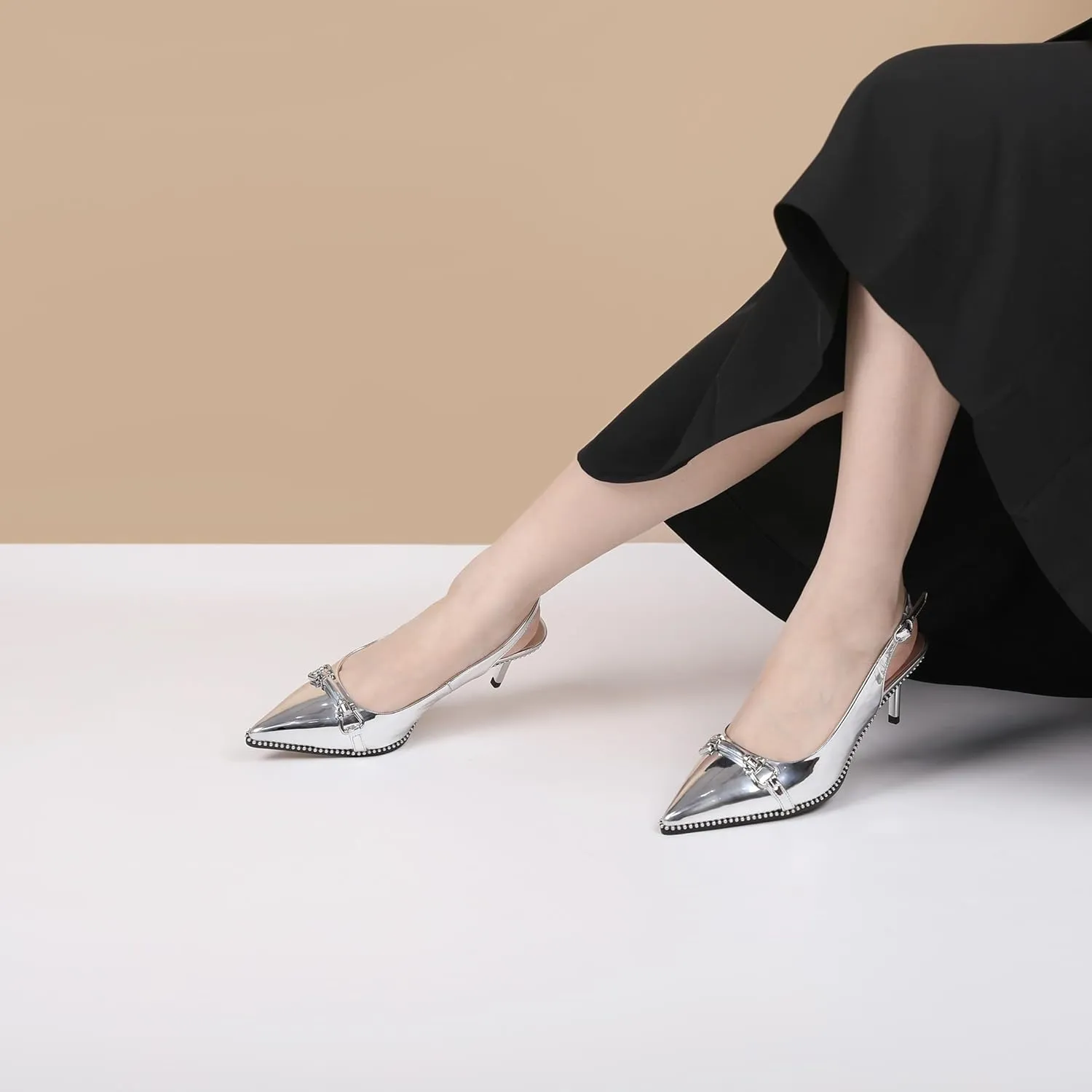 YODEKS Slingback Kitten Heels Women's Pointed Toe Low Heel Pumps 2.5 Inch Beaded Metal Buckle Shoes US Size 5-13