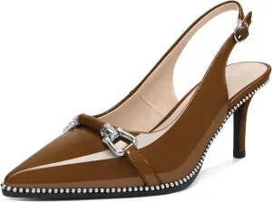 YODEKS Slingback Kitten Heels Women's Pointed Toe Low Heel Pumps 2.5 Inch Beaded Metal Buckle Shoes US Size 5-13
