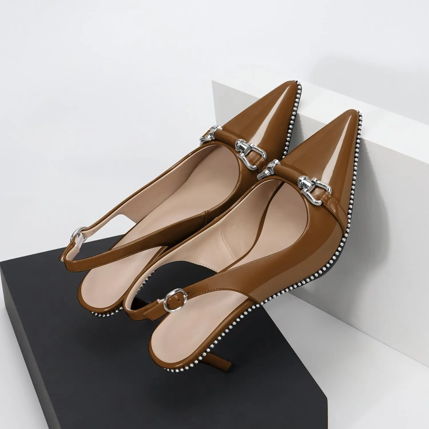 YODEKS Slingback Kitten Heels Women's Pointed Toe Low Heel Pumps 2.5 Inch Beaded Metal Buckle Shoes US Size 5-13