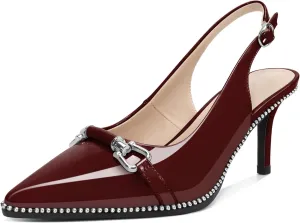YODEKS Slingback Kitten Heels Women's Pointed Toe Low Heel Pumps 2.5 Inch Beaded Metal Buckle Shoes US Size 5-13
