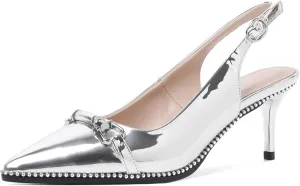 YODEKS Slingback Kitten Heels Women's Pointed Toe Low Heel Pumps 2.5 Inch Beaded Metal Buckle Shoes US Size 5-13