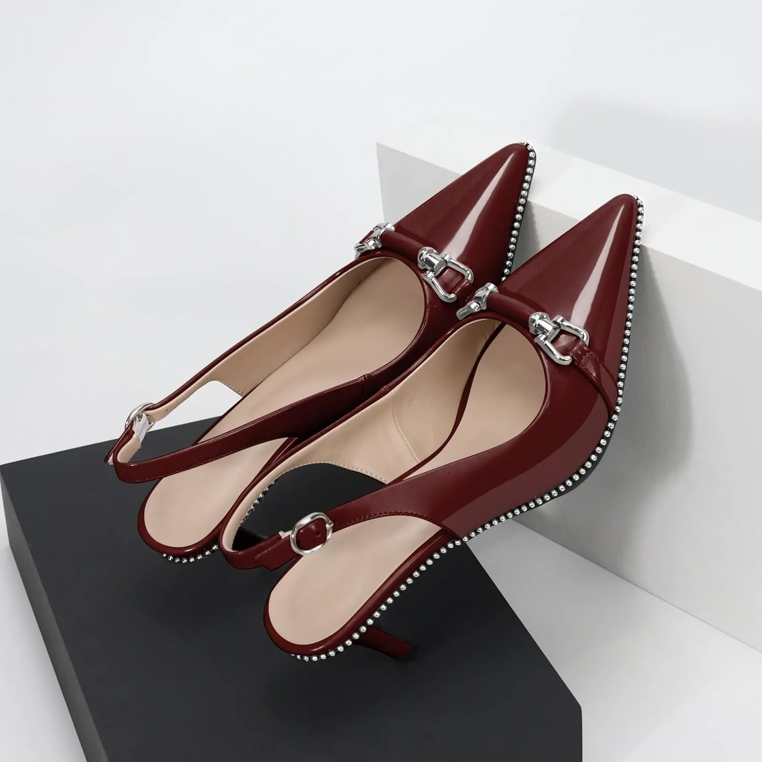 YODEKS Slingback Kitten Heels Women's Pointed Toe Low Heel Pumps 2.5 Inch Beaded Metal Buckle Shoes US Size 5-13