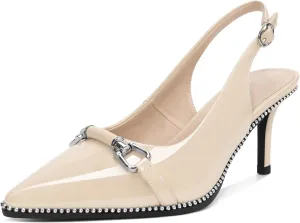 YODEKS Slingback Kitten Heels Women's Pointed Toe Low Heel Pumps 2.5 Inch Beaded Metal Buckle Shoes US Size 5-13