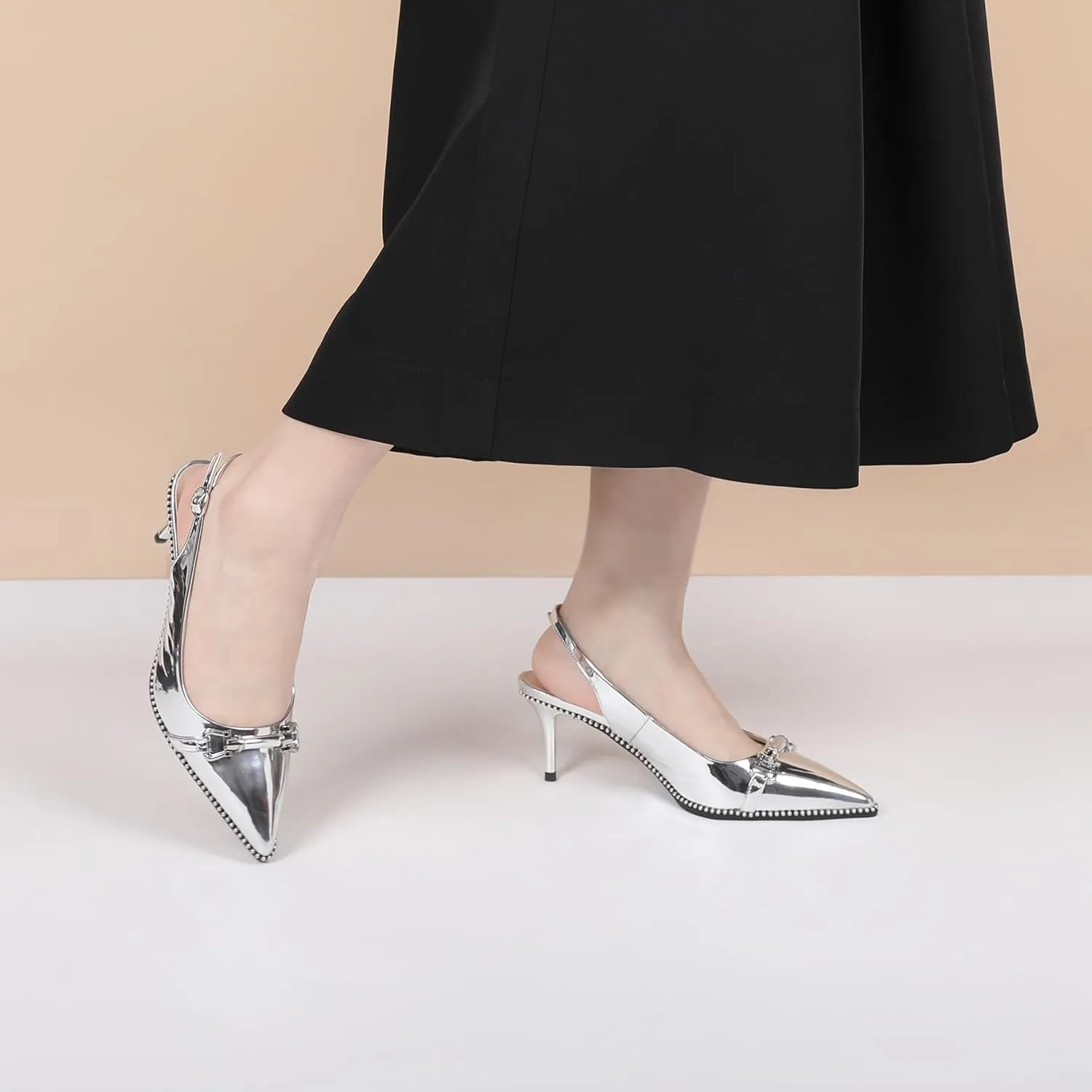 YODEKS Slingback Kitten Heels Women's Pointed Toe Low Heel Pumps 2.5 Inch Beaded Metal Buckle Shoes US Size 5-13