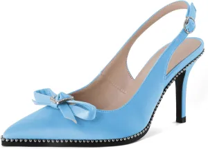 YODEKS Women's Slingback Heels Rhinestone Beaded Pointed Toe Stiletto High Heels Pumps 3.5 Inch Satin Shoes US US Size 5-13