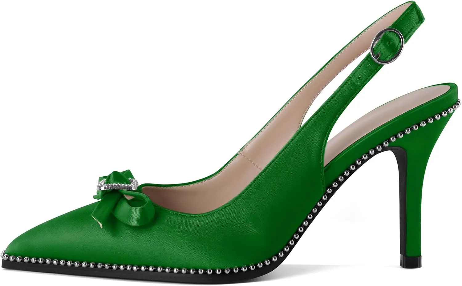 YODEKS Women's Slingback Heels Rhinestone Beaded Pointed Toe Stiletto High Heels Pumps 3.5 Inch Satin Shoes US US Size 5-13