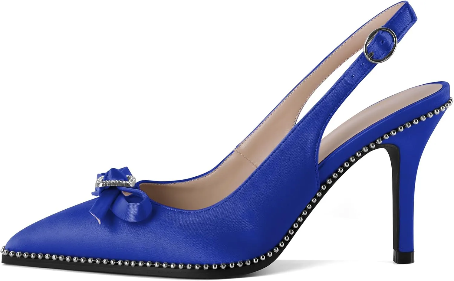 YODEKS Women's Slingback Heels Rhinestone Beaded Pointed Toe Stiletto High Heels Pumps 3.5 Inch Satin Shoes US US Size 5-13