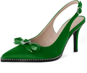 YODEKS Women's Slingback Heels Rhinestone Beaded Pointed Toe Stiletto High Heels Pumps 3.5 Inch Satin Shoes US US Size 5-13