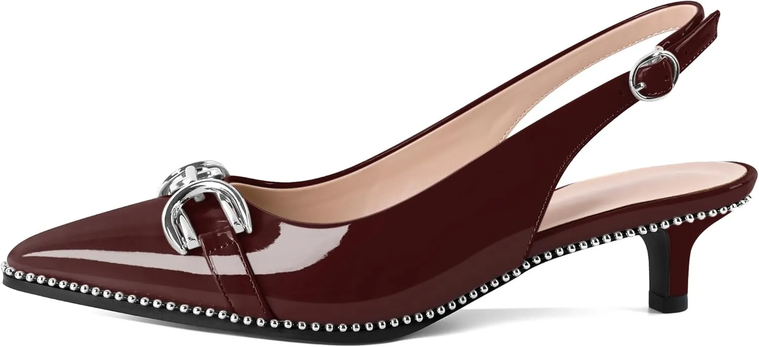 YODEKS Women's Slingback Kitten Heels Pointed Toe Low Heel Beaded Pumps 1.5 Inch Metal Buckle Shoes Size 5-13