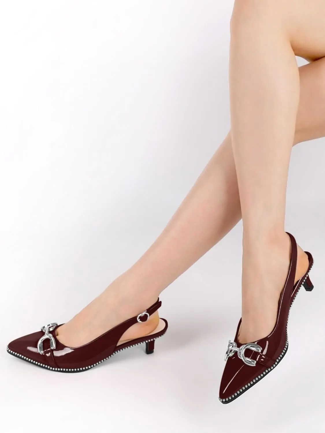 YODEKS Women's Slingback Kitten Heels Pointed Toe Low Heel Beaded Pumps 1.5 Inch Metal Buckle Shoes Size 5-13