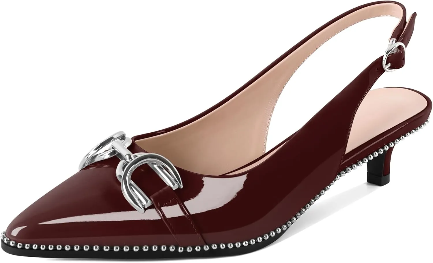 YODEKS Women's Slingback Kitten Heels Pointed Toe Low Heel Beaded Pumps 1.5 Inch Metal Buckle Shoes Size 5-13