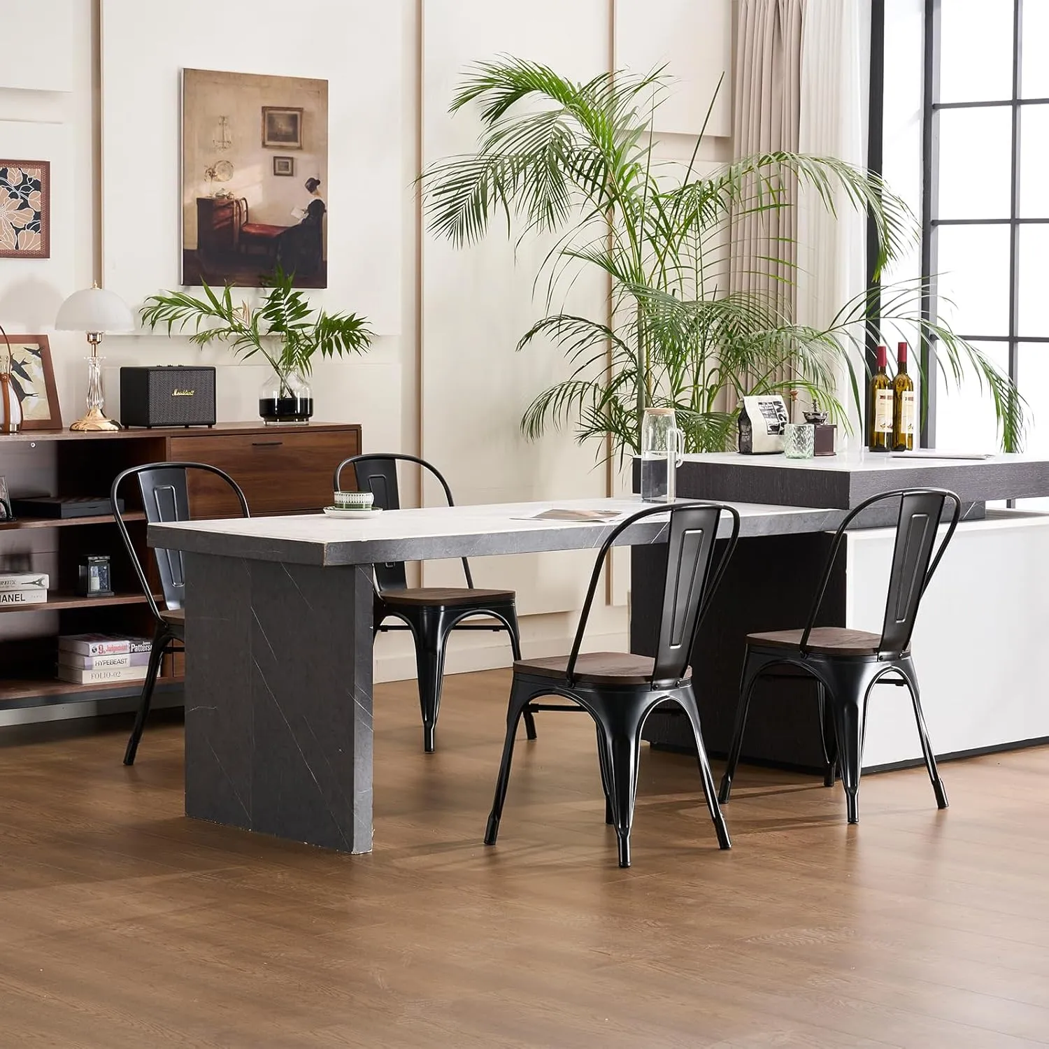 YOUNIKE 18 Inch Dining Chair Set of 4 Industrial Vintage Stackable Metal Chairs Counter Bar Chairs with High Backrest Wood Seat for Home Kitchen and Cafe Bar Use, Matte Black