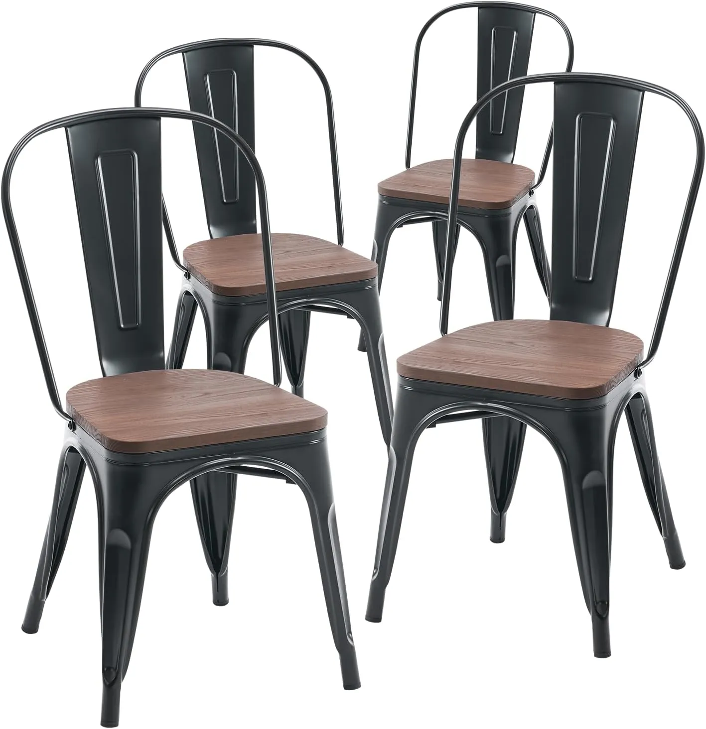 YOUNIKE 18 Inch Dining Chair Set of 4 Industrial Vintage Stackable Metal Chairs Counter Bar Chairs with High Backrest Wood Seat for Home Kitchen and Cafe Bar Use, Matte Black