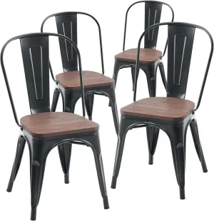 YOUNIKE 18 Inch Dining Chair Set of 4 Industrial Vintage Stackable Metal Chairs Counter Bar Chairs with High Backrest Wood Seat for Home Kitchen and Cafe Bar Use, Matte Black