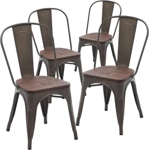 YOUNIKE 18 Inch Dining Chair Set of 4 Industrial Vintage Stackable Metal Chairs Counter Bar Chairs with High Backrest Wood Seat for Home Kitchen and Cafe Bar Use, Rusty Grey