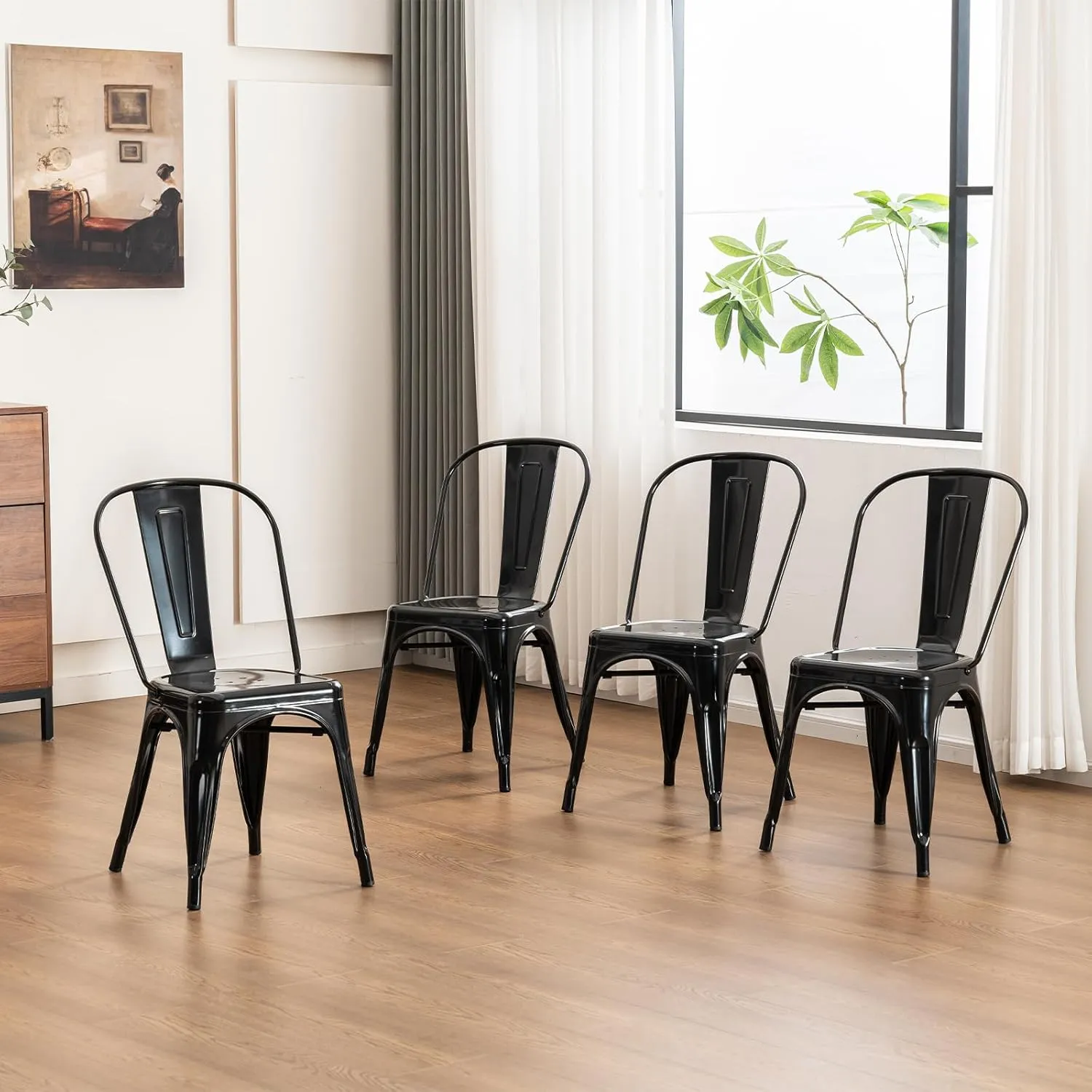 YOUNIKE Metal Dining Chair Farmhouse Tolix Style for Kitchen Dining Room Restaurant Bistro Patio 18 Inch Stackable Waterproof Indoor/Outdoor Set of 4 Obsidian Black