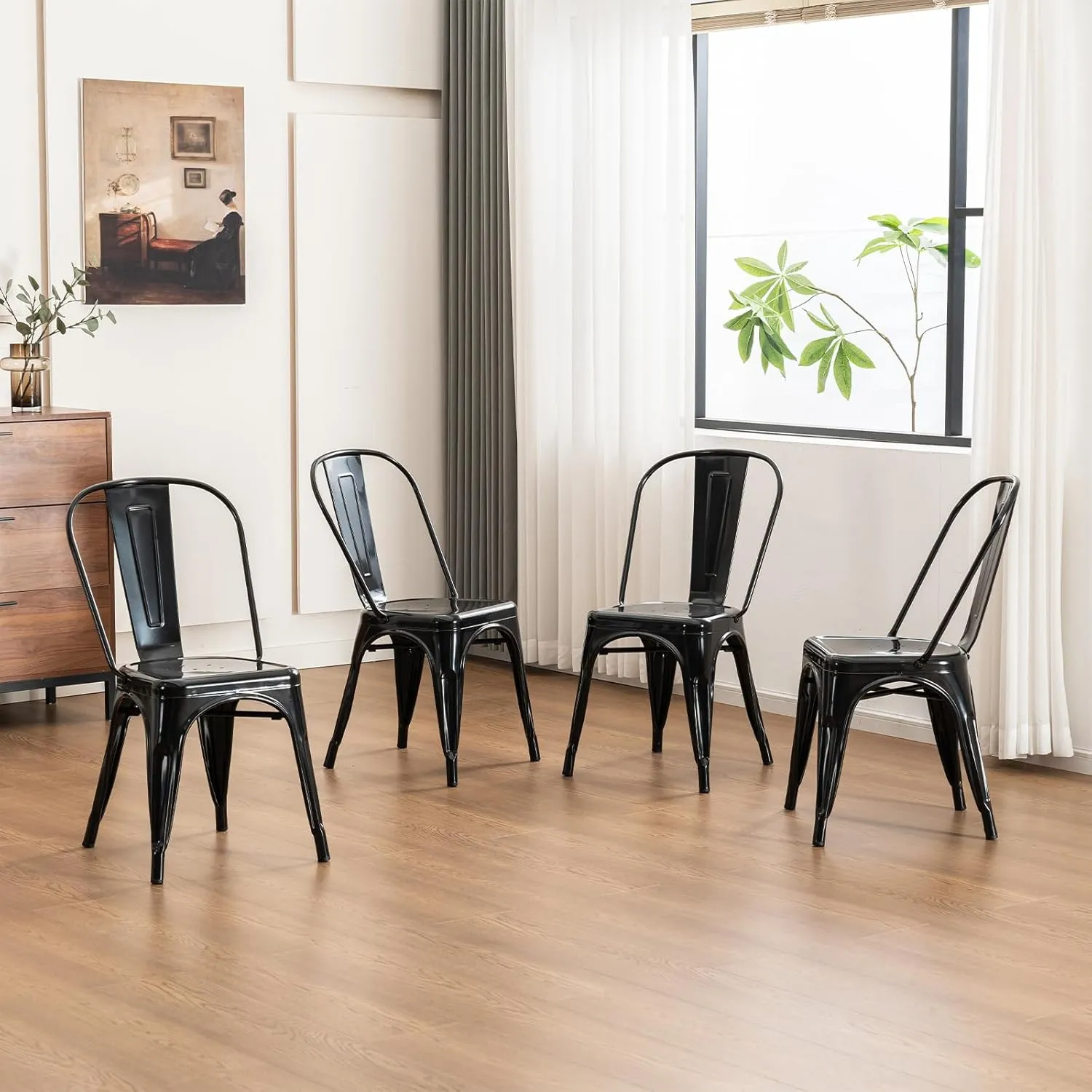 YOUNIKE Metal Dining Chair Farmhouse Tolix Style for Kitchen Dining Room Restaurant Bistro Patio 18 Inch Stackable Waterproof Indoor/Outdoor Set of 4 Obsidian Black