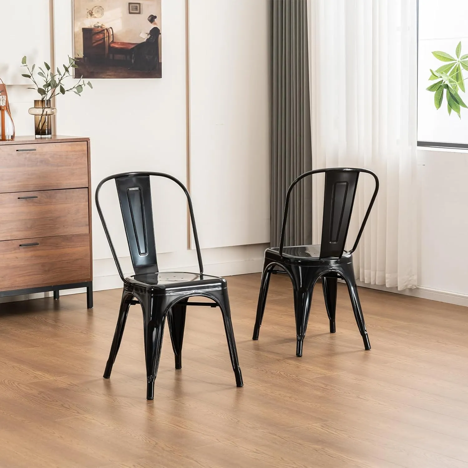YOUNIKE Metal Dining Chair Farmhouse Tolix Style for Kitchen Dining Room Restaurant Bistro Patio 18 Inch Stackable Waterproof Indoor/Outdoor Set of 4 Obsidian Black