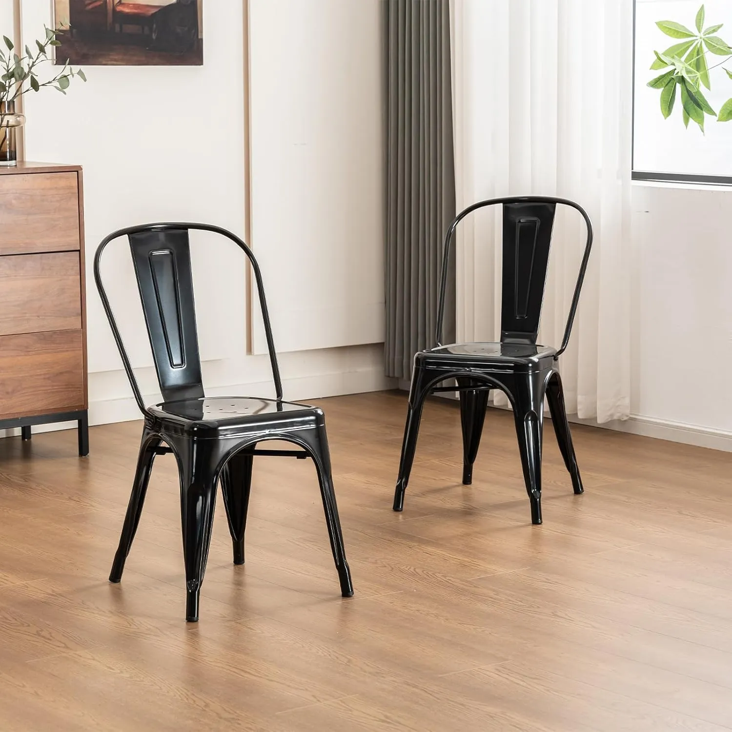 YOUNIKE Metal Dining Chair Farmhouse Tolix Style for Kitchen Dining Room Restaurant Bistro Patio 18 Inch Stackable Waterproof Indoor/Outdoor Set of 4 Obsidian Black