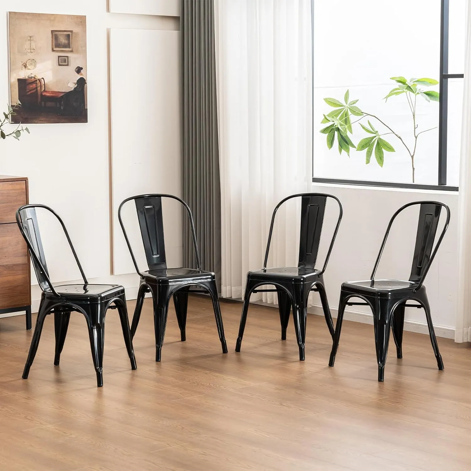 YOUNIKE Metal Dining Chair Farmhouse Tolix Style for Kitchen Dining Room Restaurant Bistro Patio 18 Inch Stackable Waterproof Indoor/Outdoor Set of 4 Obsidian Black