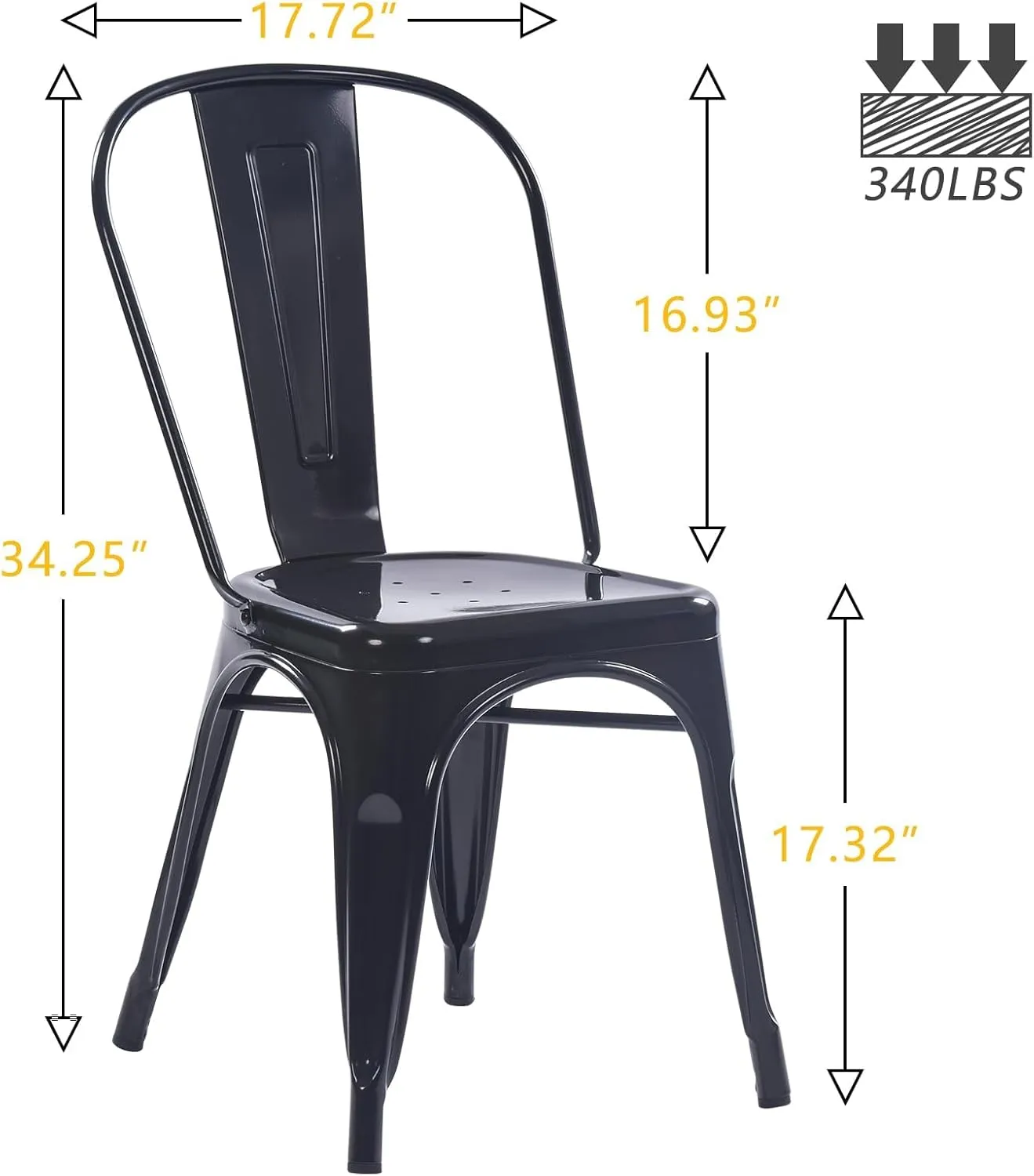 YOUNIKE Metal Dining Chair Farmhouse Tolix Style for Kitchen Dining Room Restaurant Bistro Patio 18 Inch Stackable Waterproof Indoor/Outdoor Set of 4 Obsidian Black