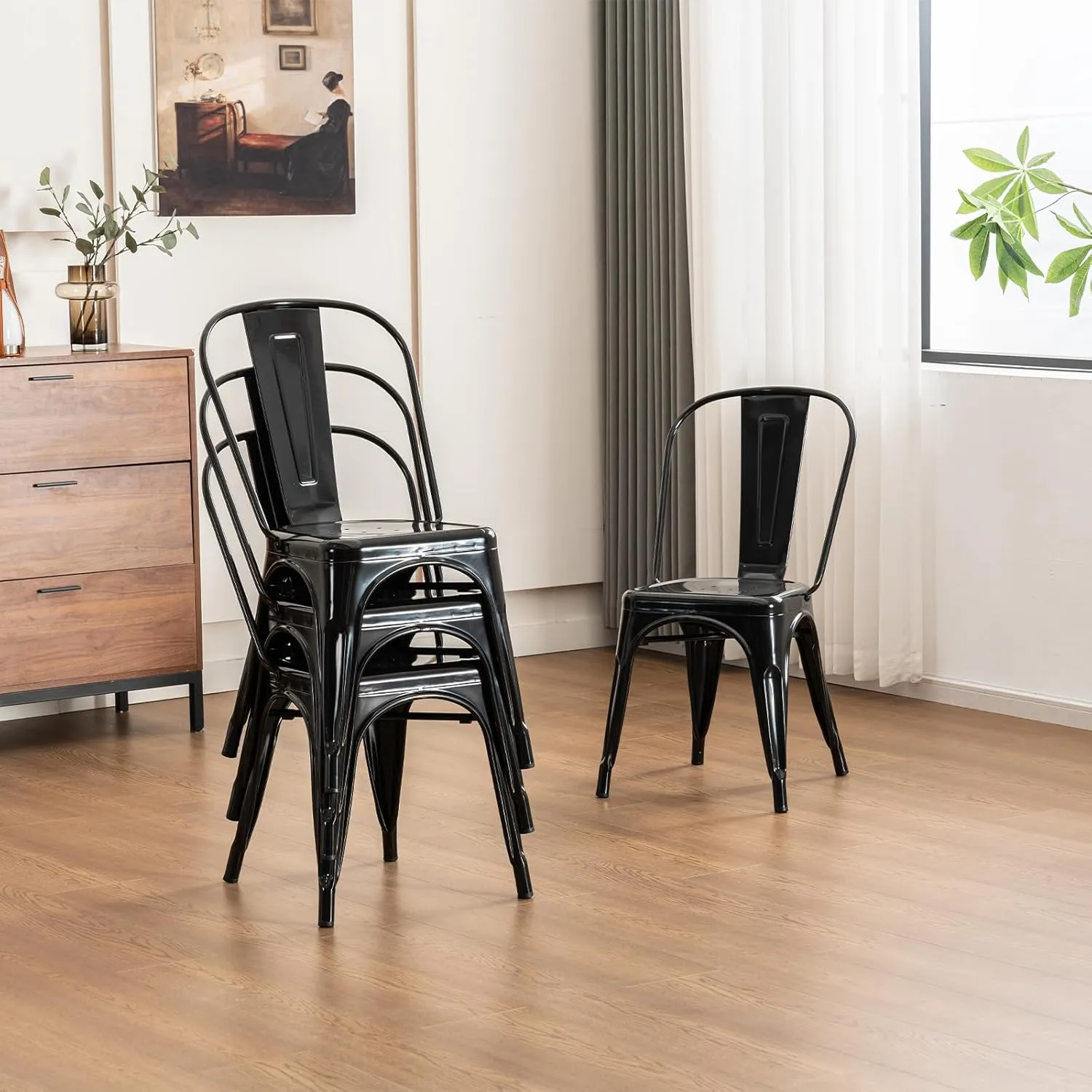 YOUNIKE Metal Dining Chair Farmhouse Tolix Style for Kitchen Dining Room Restaurant Bistro Patio 18 Inch Stackable Waterproof Indoor/Outdoor Set of 4 Obsidian Black