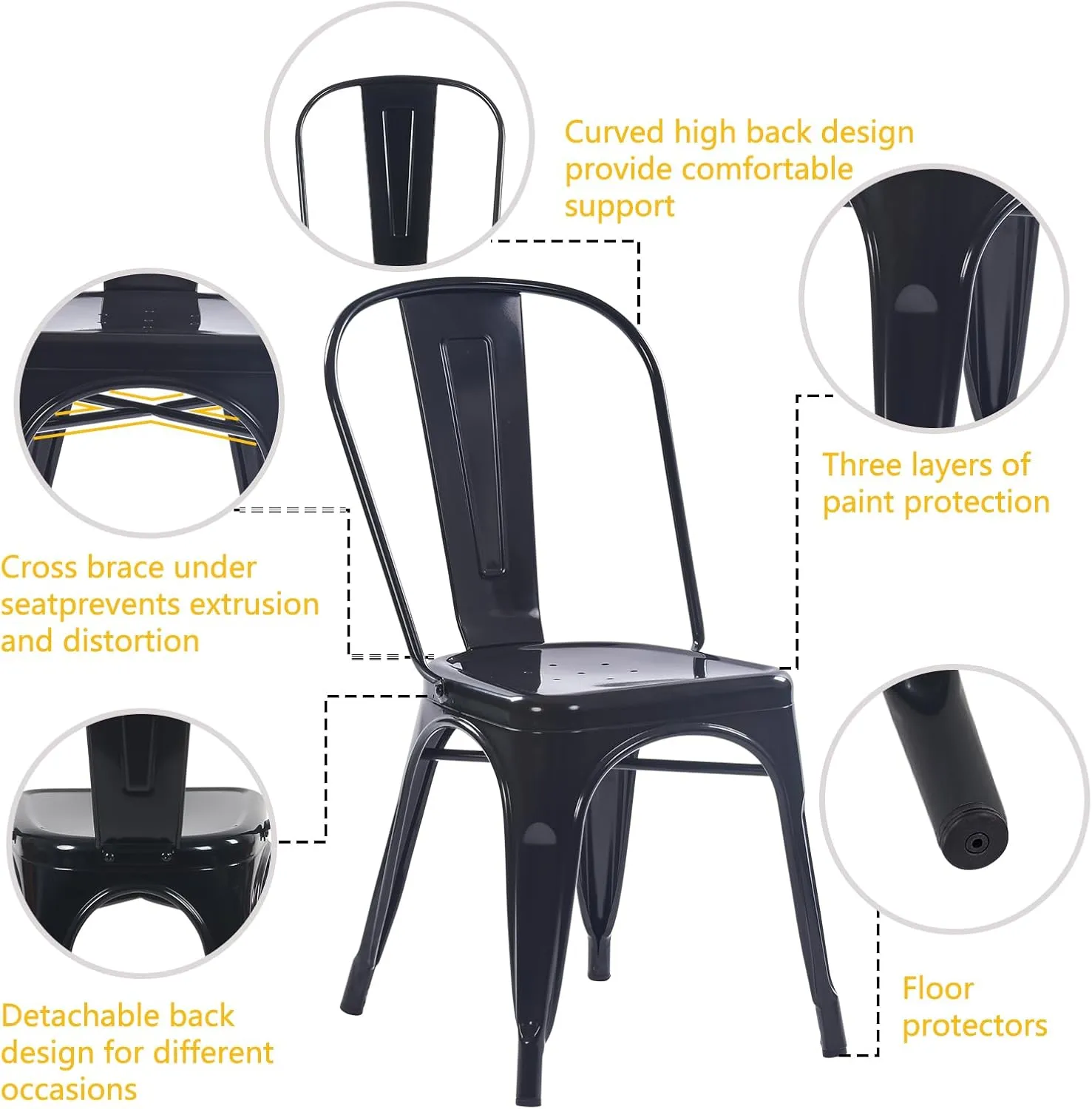 YOUNIKE Metal Dining Chairs Set of 4 Iron Stackable Removable Back Cafe Side Patio Chairs Rubber Feet Stylish Modern Indoor Outdoor Classic Chic Industrial Vintage Bistro Kitchen Bright Black