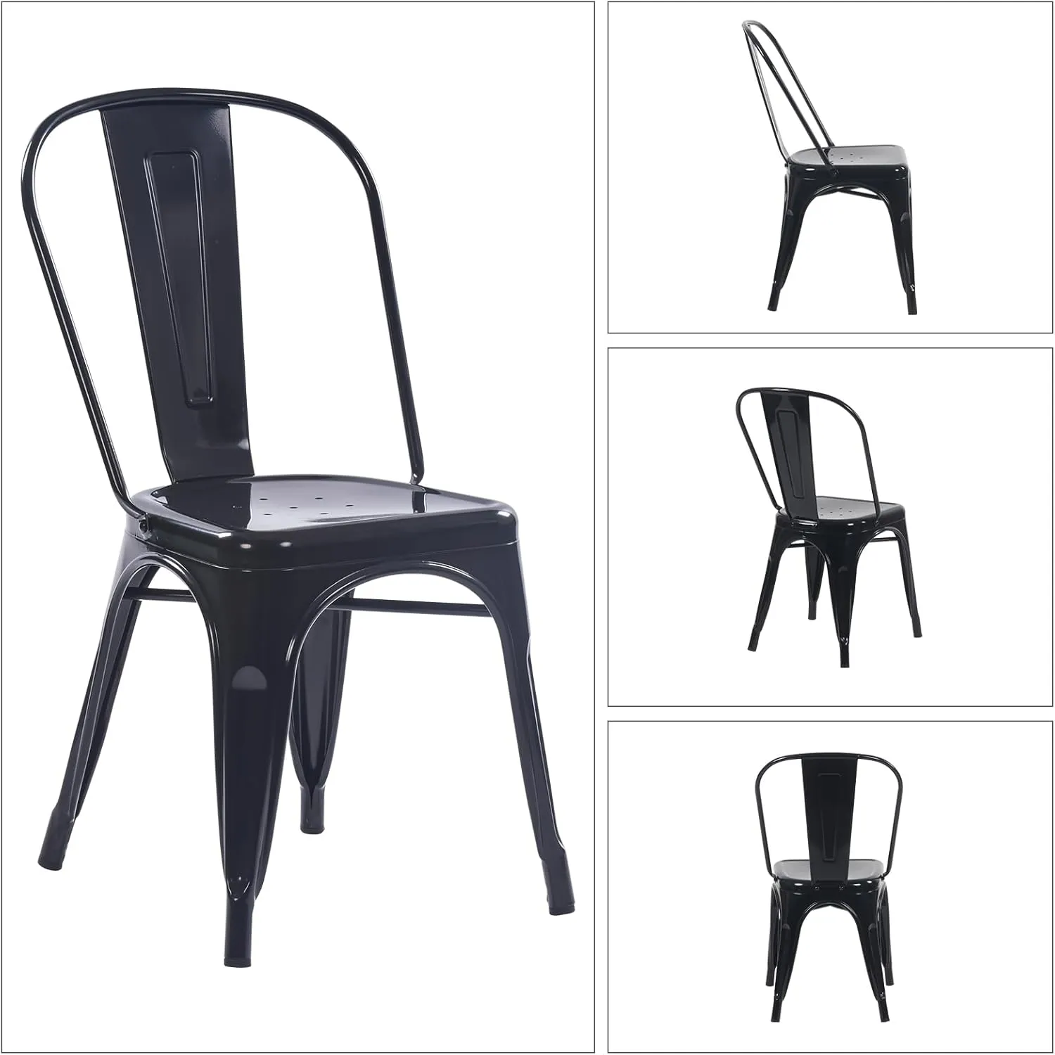 YOUNIKE Metal Dining Chairs Set of 4 Iron Stackable Removable Back Cafe Side Patio Chairs Rubber Feet Stylish Modern Indoor Outdoor Classic Chic Industrial Vintage Bistro Kitchen Bright Black