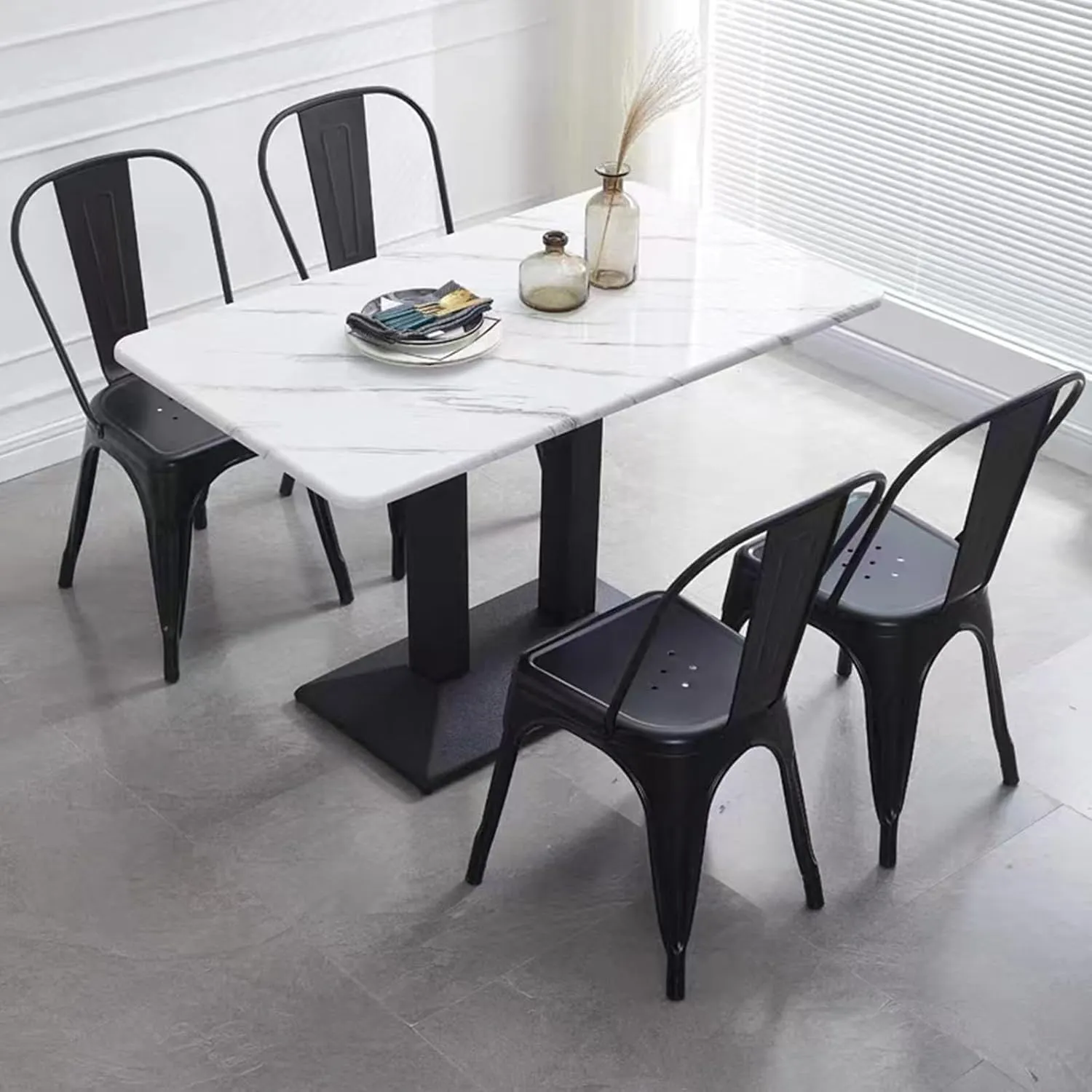 YOUNIKE Metal Dining Chairs Set of 4 Iron Stackable Removable Back Cafe Side Patio Chairs Rubber Feet Stylish Modern Indoor Outdoor Classic Chic Industrial Vintage Bistro Kitchen Bright Black