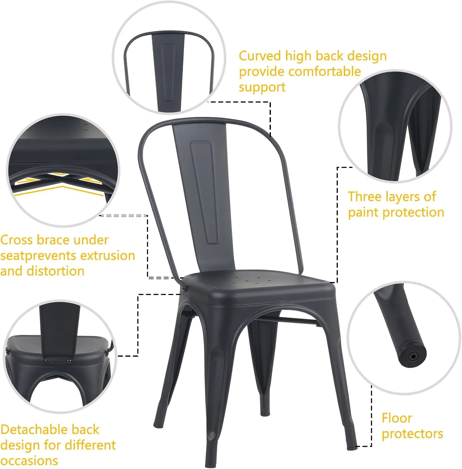 YOUNIKE Metal Dining Chairs Set of 4 Iron Stackable Removable Back Cafe Side Patio Chairs Rubber Feet Stylish Modern Indoor Outdoor Classic Chic Industrial Vintage Bistro Kitchen Matte Black