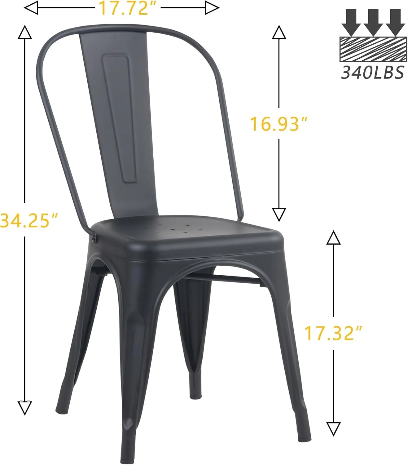 YOUNIKE Metal Dining Chairs Set of 4 Iron Stackable Removable Back Cafe Side Patio Chairs Rubber Feet Stylish Modern Indoor Outdoor Classic Chic Industrial Vintage Bistro Kitchen Matte Black